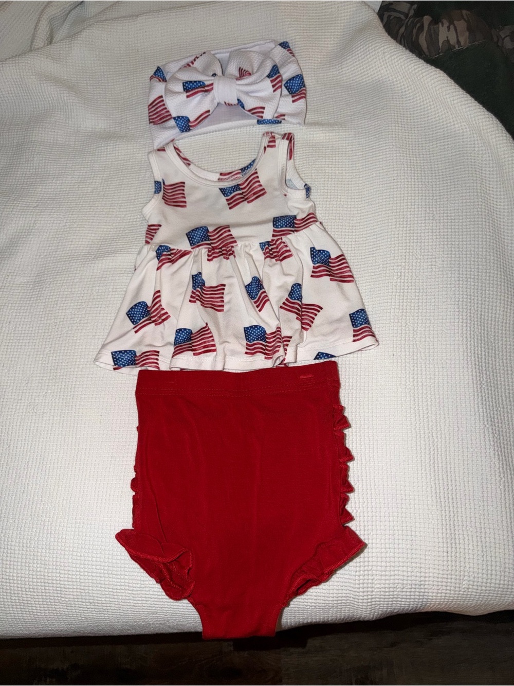 Baby Girls Red & White Flag Print Matching Set with Headband